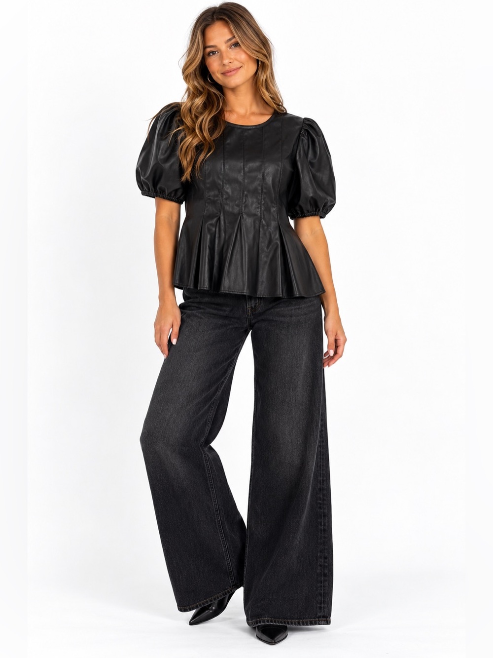Marc New York Black Faux Leather Puff Sleeve Peplum Blouse L